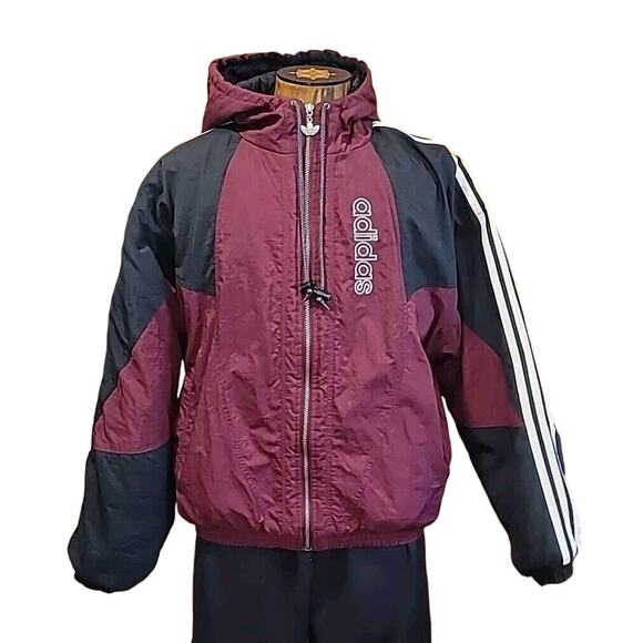 VTG 90s Adidas Big Trefoil Logo Winter Hooded Coat Jacket Large Maroon Quilted - Picture 1 of 10